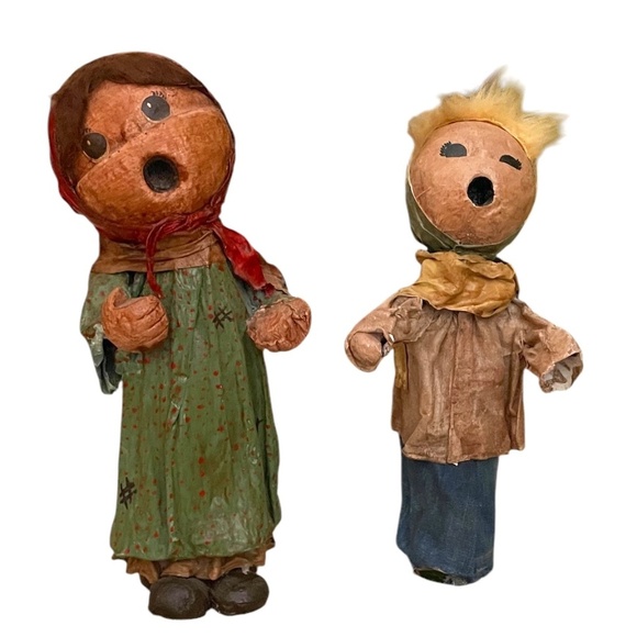 Set Of 2 Vintage Handmade Primitive Paper Mache Doll - Picture 1 of 13